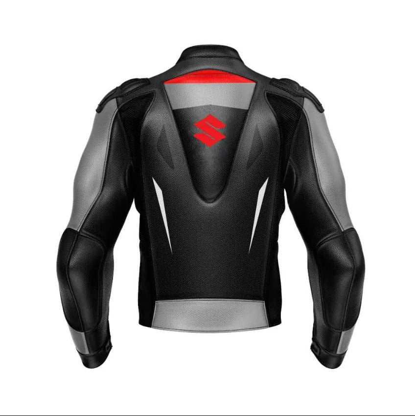 Black Gray Suzuki Motorcycle Racing Leather Jacket