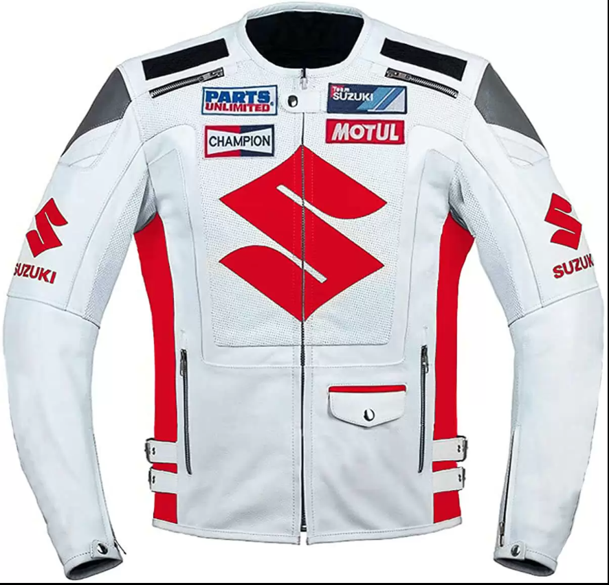 Suzuki Motorcycle Racing White And Red Leather Jacket