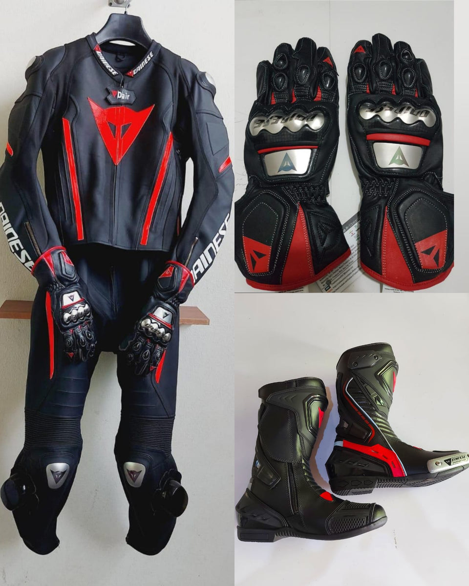 Black Red Laguna Seca 4 Motorcycle Leather Suit Two Piece / Metal D1 Gloves  / D1 Boots