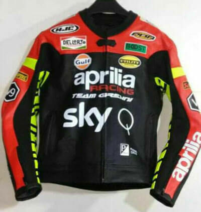 Aprilia Motorcycle Racing Black Red Leather Jacket front