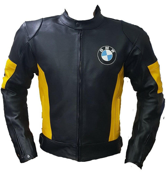 BMW Motorcycle Black And Yellow Leather Jacket front