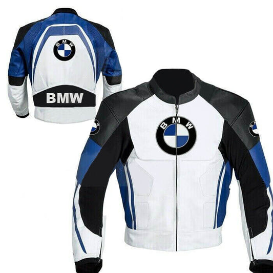 BMW Motorcycle White And Blue Racing Leather Jacket front back