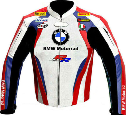 BMW Motorrad Motorcycle White And Blue Leather Jacket front