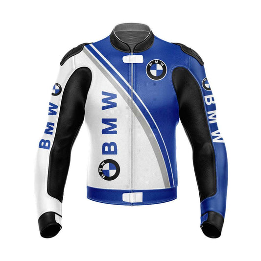 BMW White And Blue Motorcycle Racing Leather Jacket front