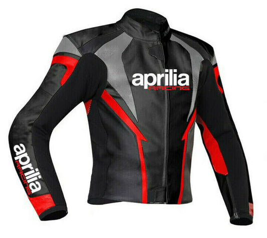 Black Aprilia Motorcycle Racing Leather Jacket front