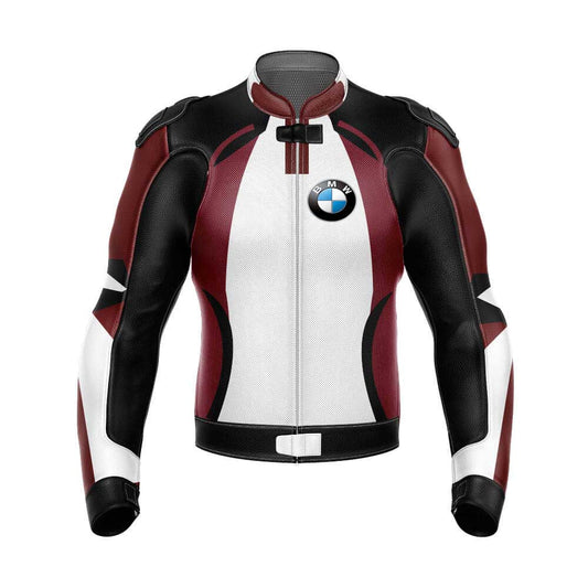 Black Maroon BMW Motorcycle Racing Leather Jacket front