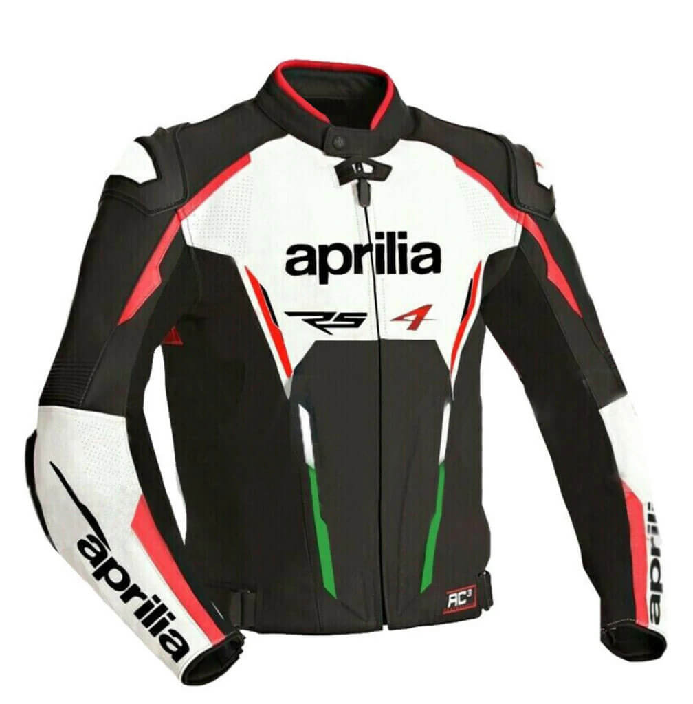 Black White Aprilia Motorcycle Leather Jacket front