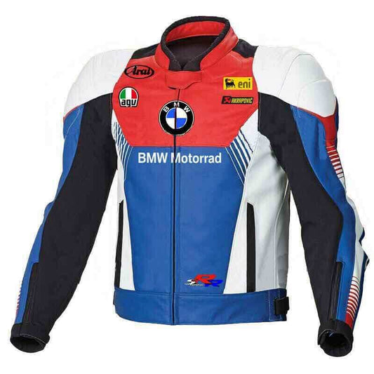 Blue White BMW Motorcycle Racing Leather Jacket front