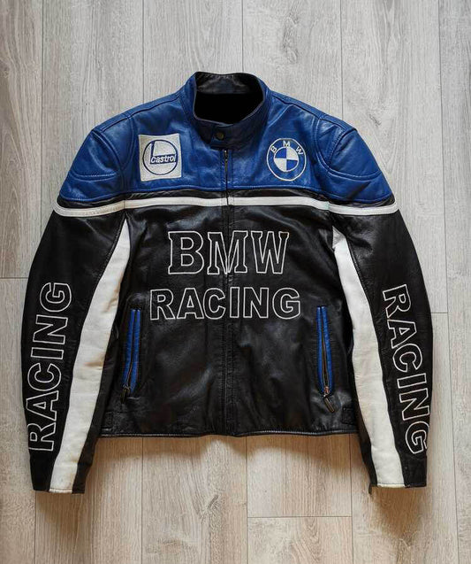 Vintage BMW Motorcycle Racing Black And Blue Leather Jacket 1