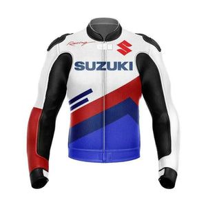 Suzuki Motorcycle Racing White Leather Jacket