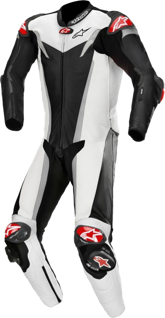 GP Tech v3 One Piece Perforated Motorcycle Leather Suit Black / White / Chrome