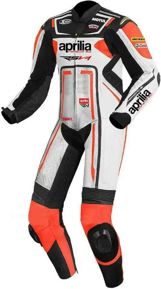 Aprilia Motorcycle Racing White And Black Leather Suit