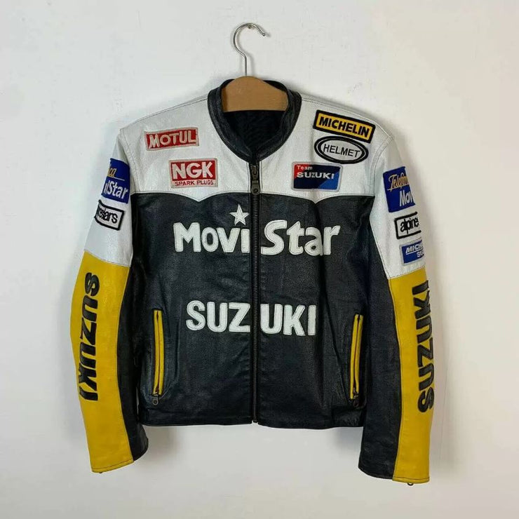 Suzuki Motorcycle Black And Yellow Leather Jacket