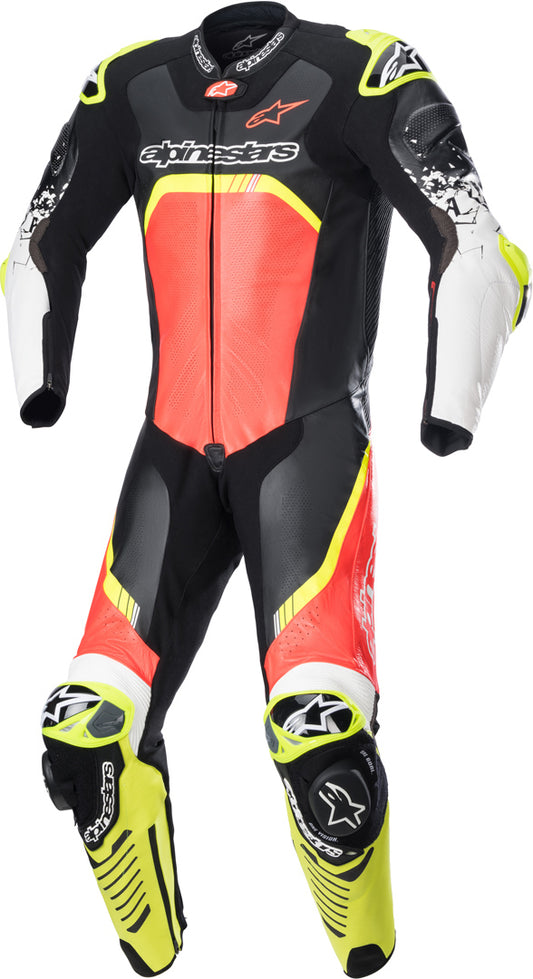 GP Tech 4 One Piece Motorcycle Leather Suit Black / Orange / Yellow Fluorescent