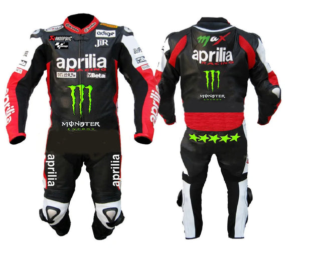Aprilia Black Monster Racing Motorcycle Leather Suit With Safety Pads