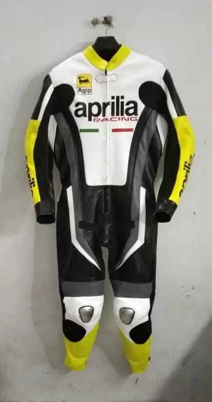 Aprilia White And Black Motorcycle Racing Leather Suit
