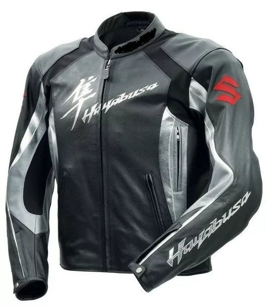Grey Suzuki Hayabusa Motorcycle Leather Racing Jacket