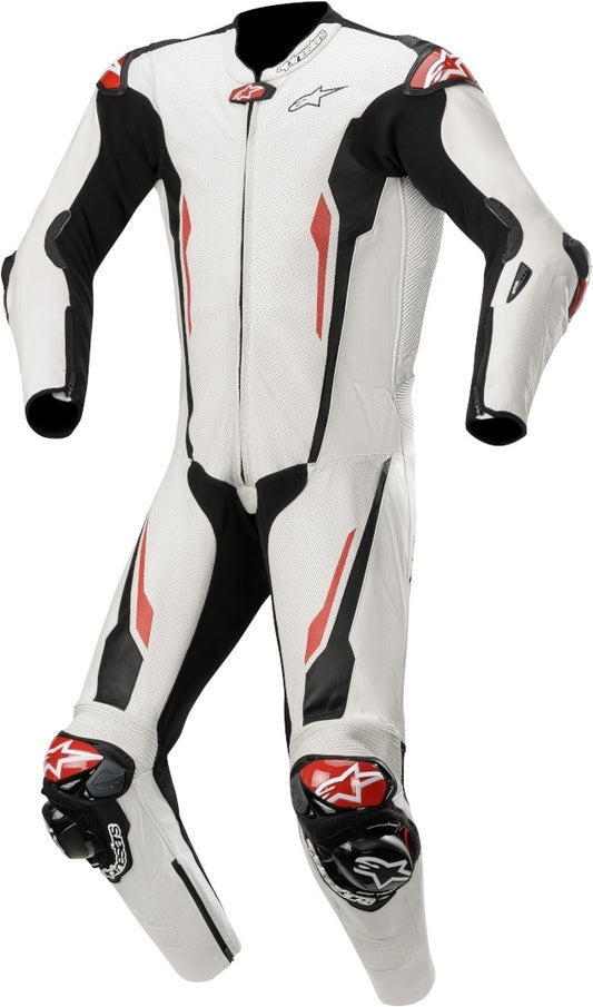 Racing Absolute One Piece Perforated Motorcycle Leather Suit White / Red Fluorescent
