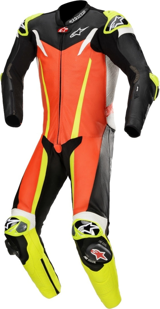 GP Tech v3 One Piece Perforated Motorcycle Leather Suit Black / Red Fluorescent