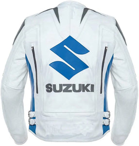 Men’s White Suzuki Motorbike Racing Leather Jacket