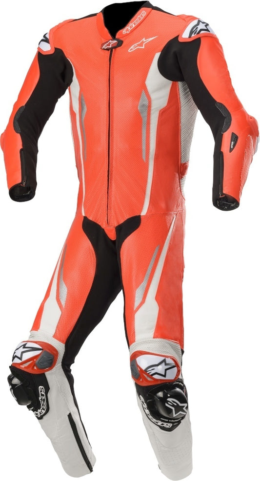 Racing Absolute One Piece Perforated Motorcycle Leather Suit White / Orange Fluorescent