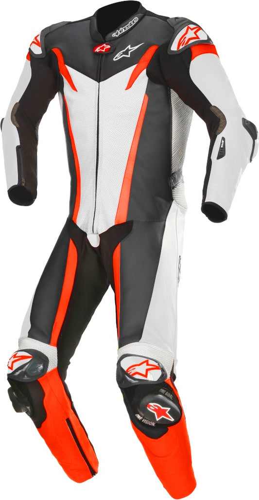 GP Tech v3 One Piece Perforated Motorcycle Leather Suit Black / White / Red Fluorescent