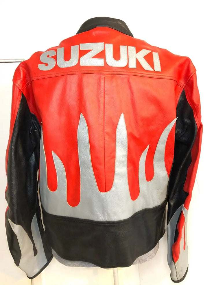 Suzuki Red And White Motorcycle Jacket With flames