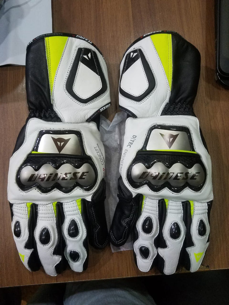 Full Metal D1 Leather Motorcycle Gloves Black/White/Fluo Yellow