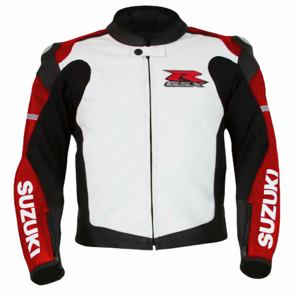 Suzuki red and white GSXR Motorcycle Leather Jackets CE Approved pads