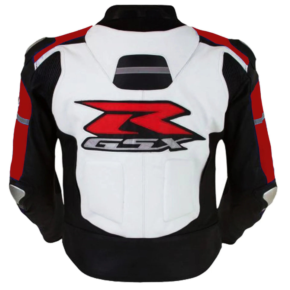 Suzuki red and white GSXR Motorcycle Leather Jackets CE Approved pads