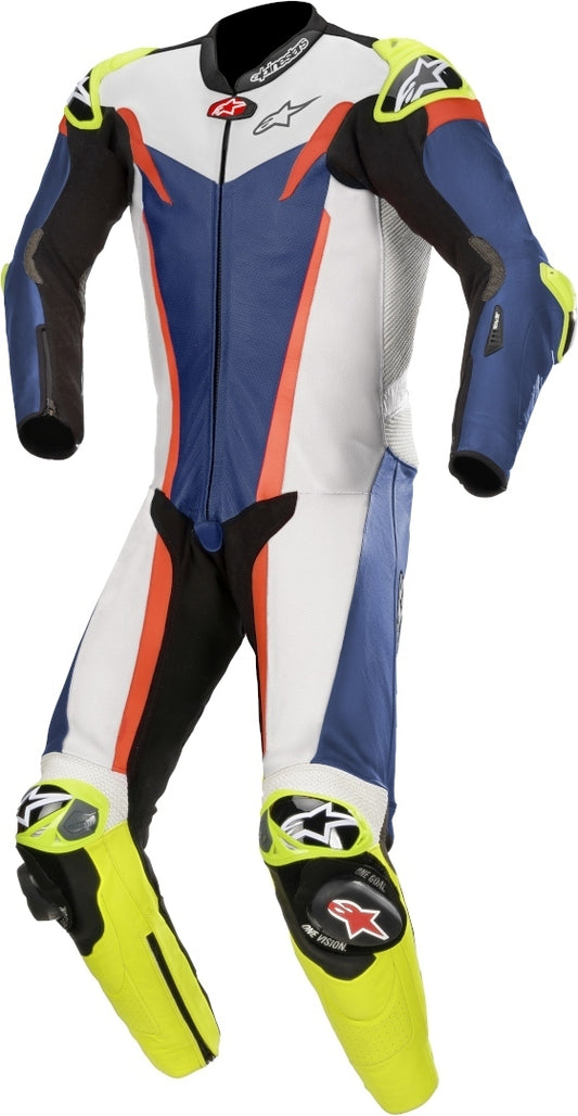 GP Tech v3 One Piece Perforated Motorcycle Leather Suit Blue / White / Red Fluorescent