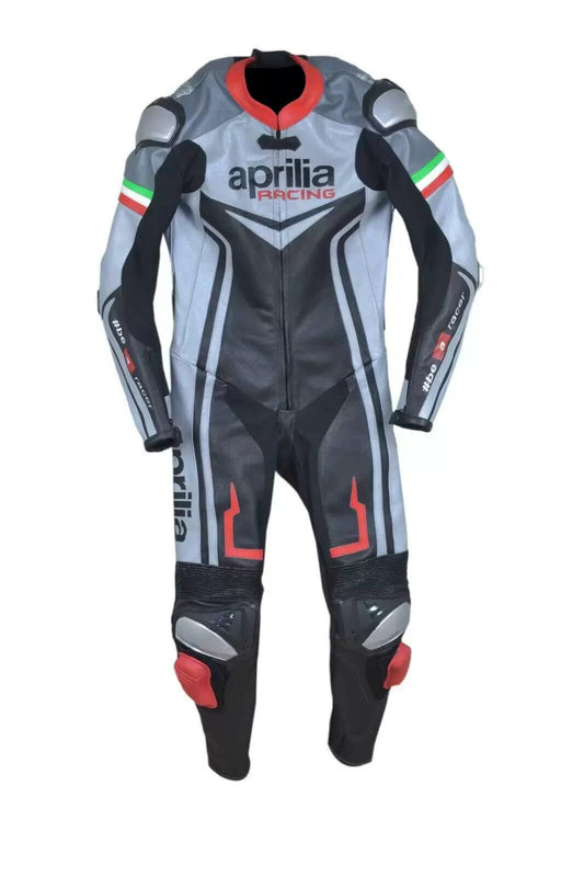 Aprilia Motorcycle Racing Black And Gray Leather Suit front