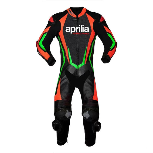 Aprilia Motorcycle Racing Black And Orange Leather Suit front