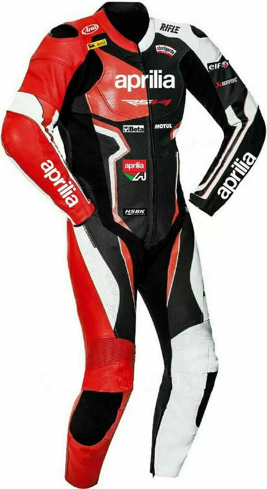 Aprilia Motorcycle Racing Black Leather Suit front