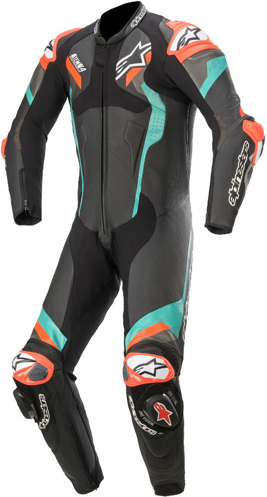 Atem V4 One Piece Motorcycle Leather Suit Black / Red / Blue front