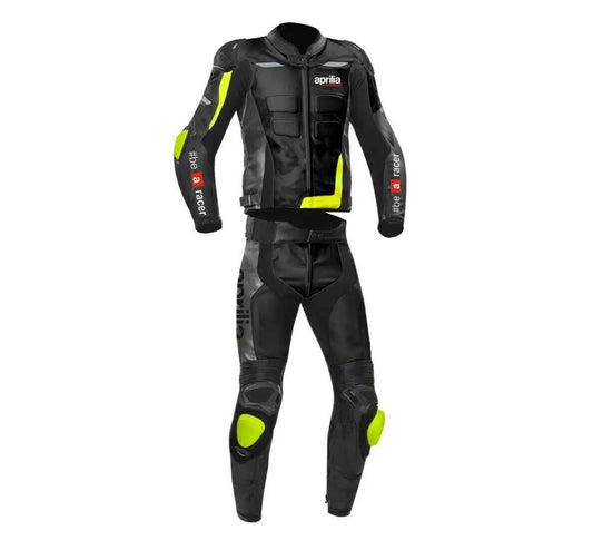 Black Aprilia Motorcycle Racing Leather Suit front