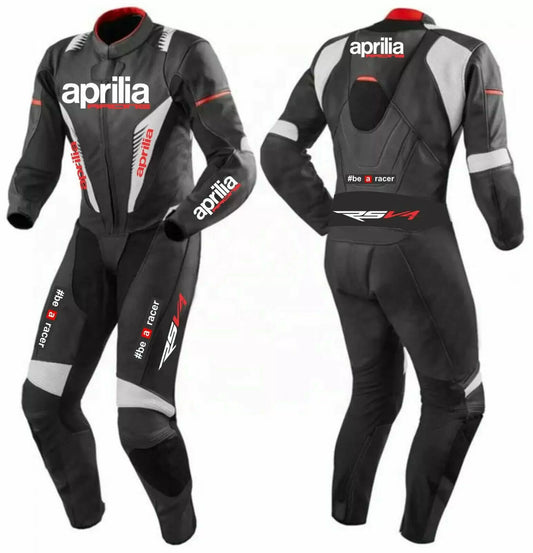 Black Aprilia RSV4 Motorcycle Racing Leather Suit front back