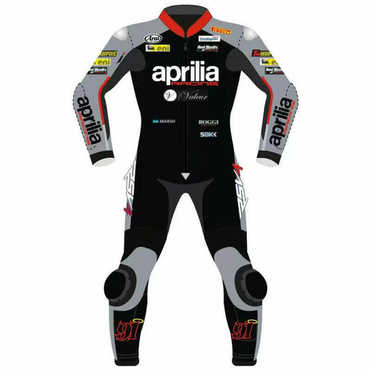 Black Gray Aprilia 91 Motorcycle Racing Leather Suit front