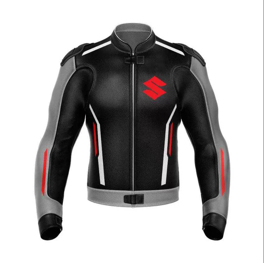 Black Gray Suzuki Motorcycle Racing Leather Jacket back