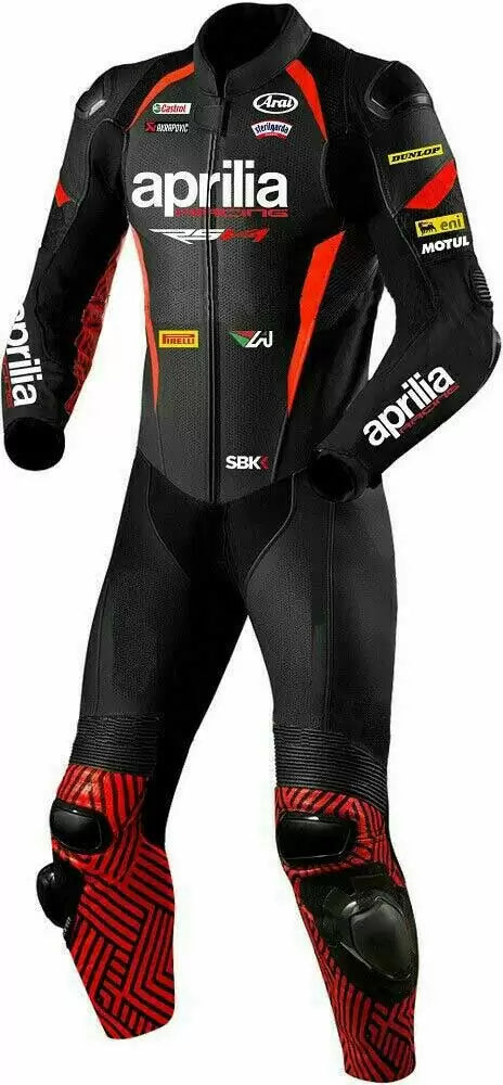 Black Red Aprilia Motorcycle Racing Leather Suit front