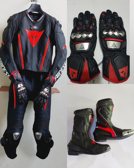 Black Red Laguna Seca 4 Motorcycle Leather Suit Two Piece / Metal D1 Gloves / D1 Boots