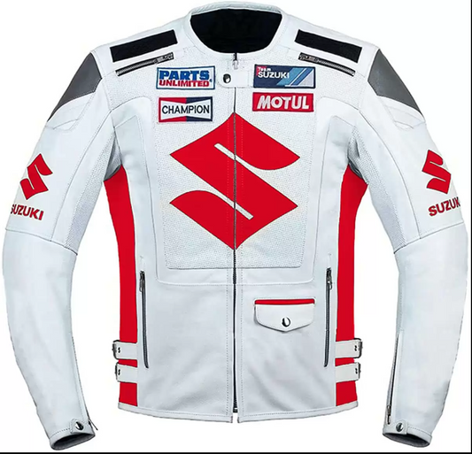 Suzuki Motorcycle Racing White And Red Leather Jacket 1
