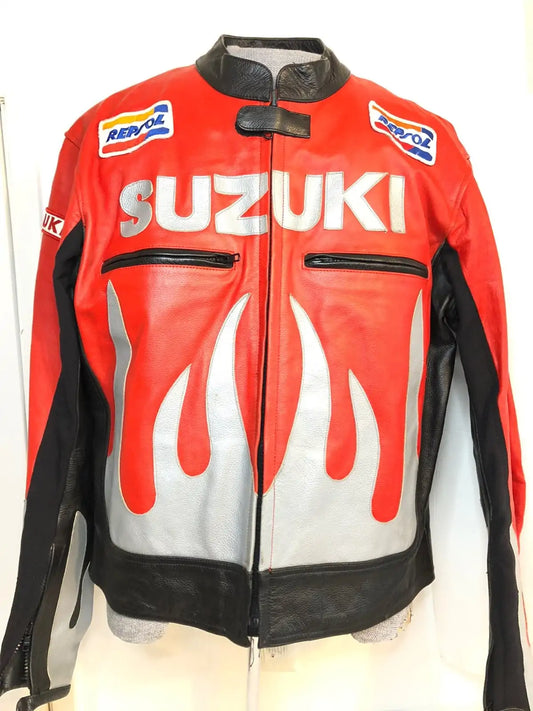 Suzuki Red And White Motorcycle Jacket With flames 1