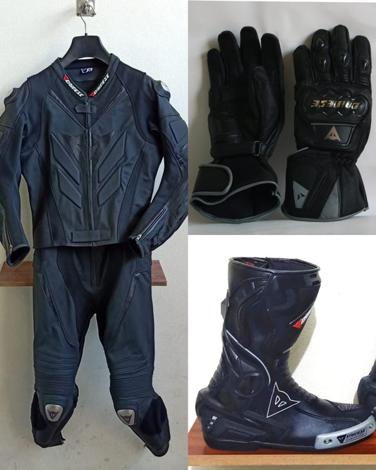 Full Black Super Speed D1 Motorcycle Leather Suit Two Piece / Metal D1 Gloves / D1 Boots