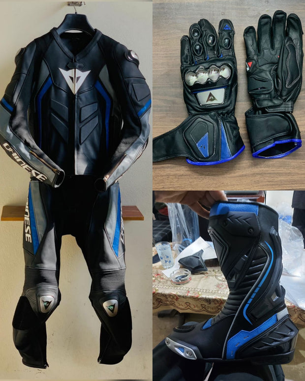 Black Blue Super Speed D1 Motorcycle Leather Suit Two Piece / Metal D1 Gloves / D1 Boots
