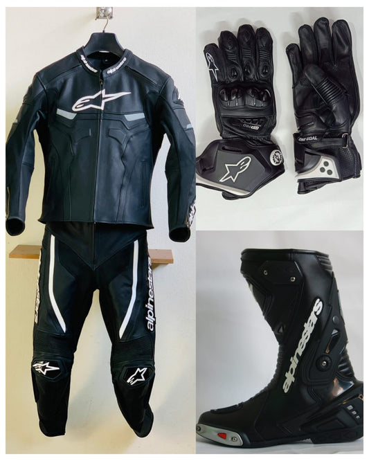 Black Alpinestar Celer Replica Motorcycle Leather Suit Two Piece / Gp Pro Gloves / Gp Pro Boots