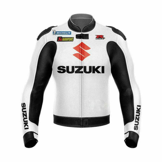 White Black Suzuki GSXR Motorcycle Leather Jacket 1
